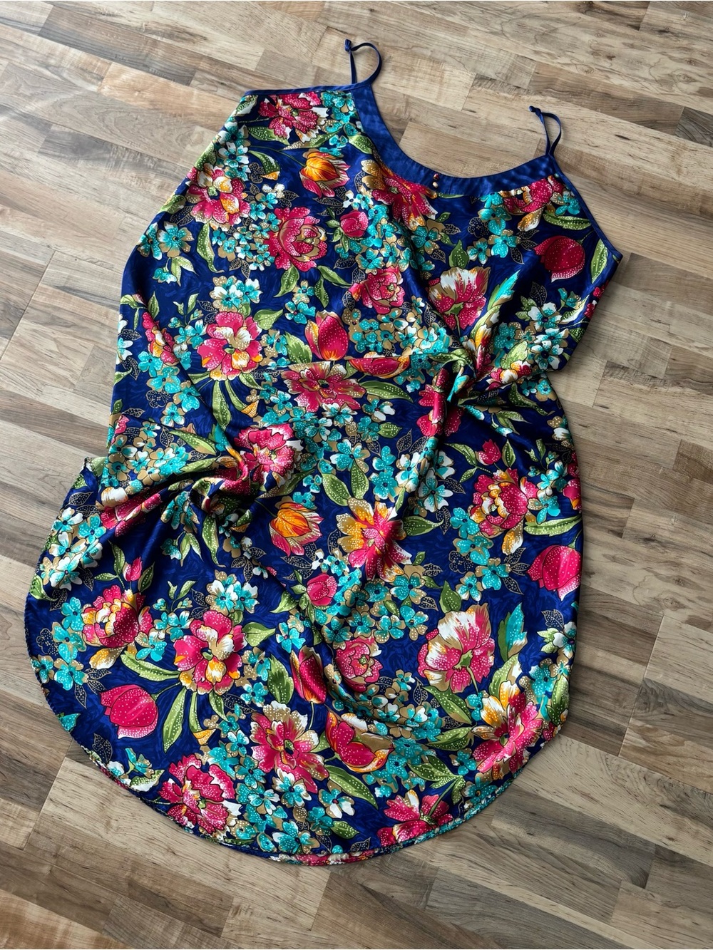 Vintage California Dynasty Satin Floral Chemise Nightgown Bold Jewel Tone XL 90s